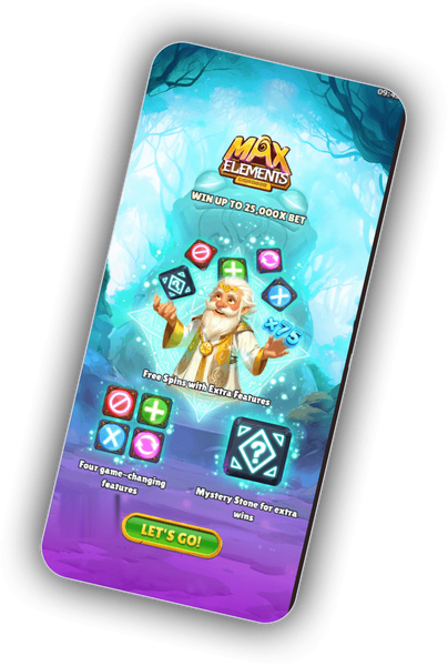 Max Elements slot promotion splash inside the VillaSpin Casino lobby advertising up to 25,000x the bet