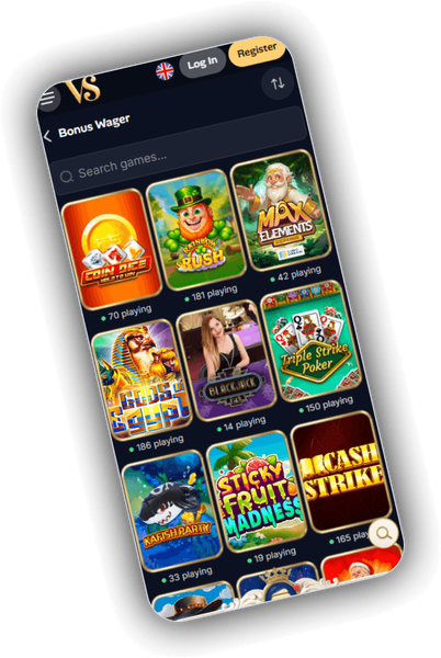 VillaSpin Casino game lobby with the Lobby, Top, New and Bonus Wager filter tabs
