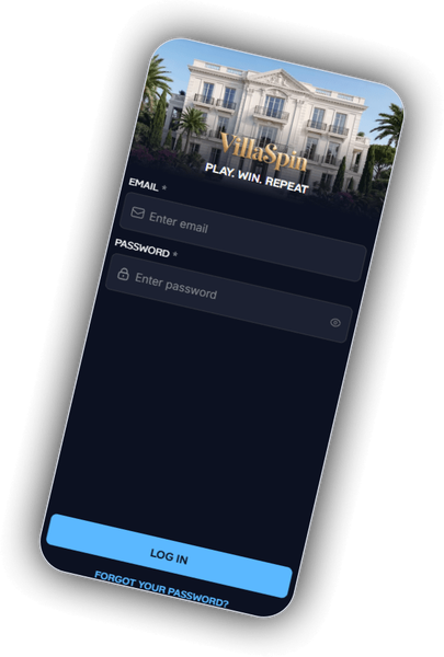 VillaSpin Casino login screen on mobile carrying the PLAY. WIN. REPEAT. tagline