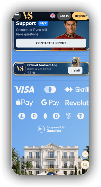 VillaSpin Casino payment logos including Visa, Mastercard, Skrill, Apple Pay, Google Pay, Revolut and crypto options