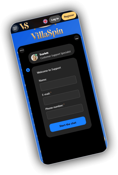 VillaSpin Casino 24/7 support panel with the Contact Support button and the official Android app prompt